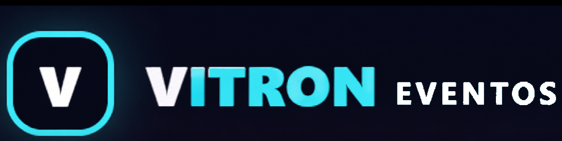 Logotipo Vitron Eventos: V branco, ITRON azul e EVENTOS branco